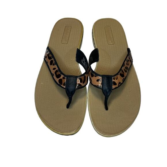 Sperry Top Sider Leather Flip Flop Sandals Tan Black Leopard Print Size 8m Comfy - Picture 5 of 15